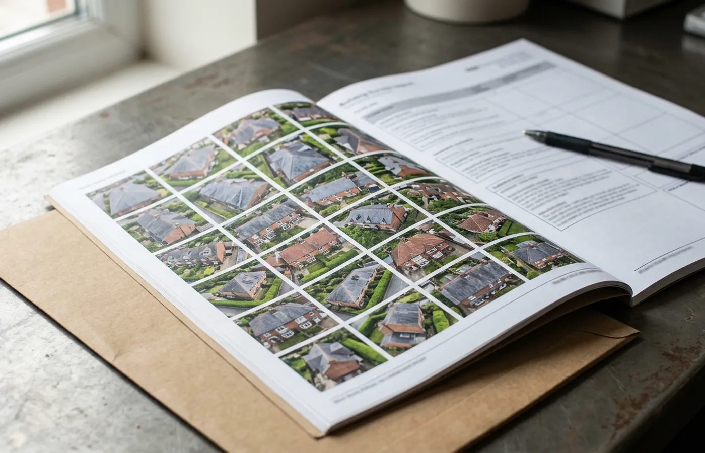 A printed survey report open on a desk beside a laptop, showing a grid of aerial photographs of a roof